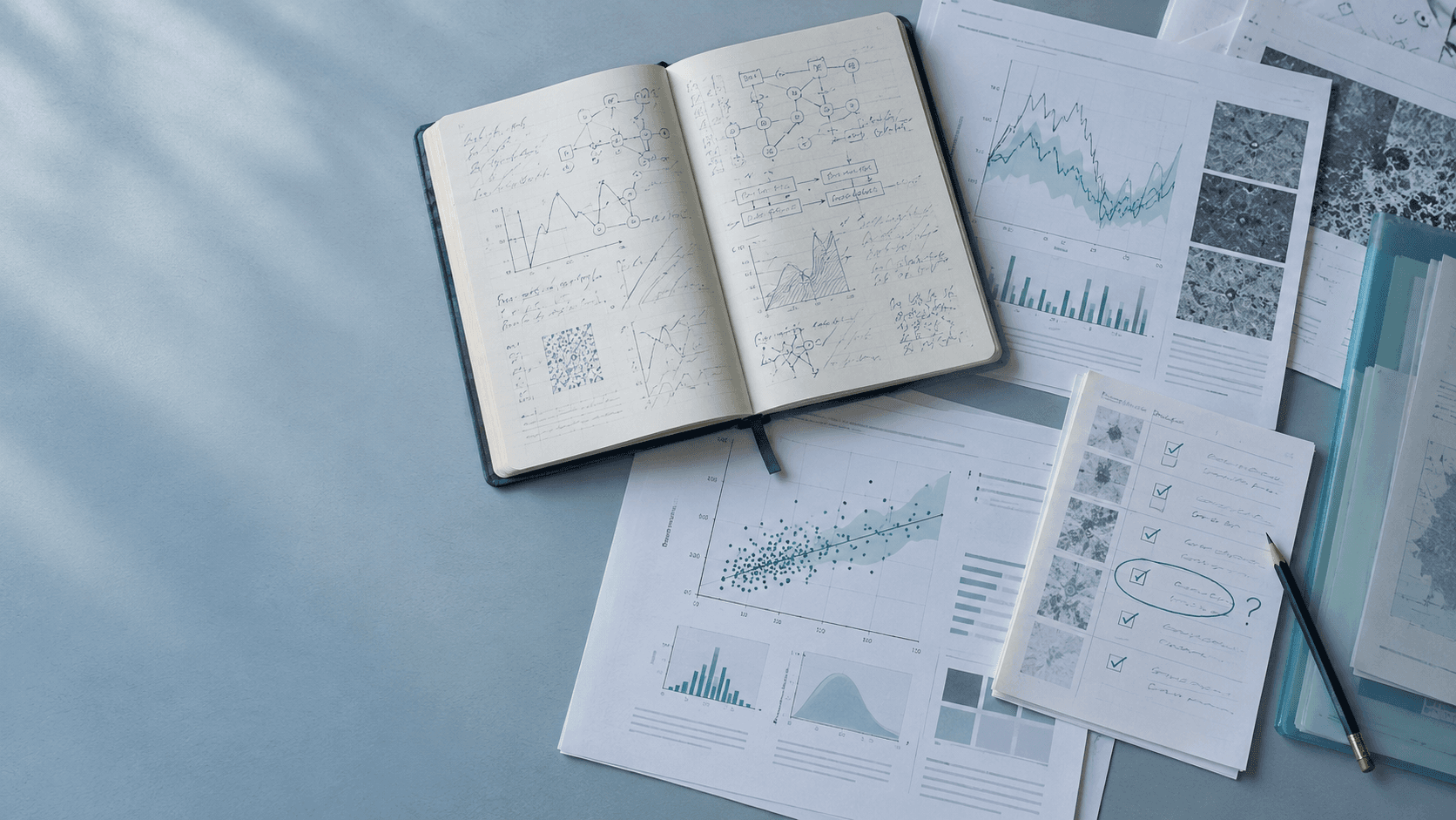 Research notebook, papers and current results on a desk