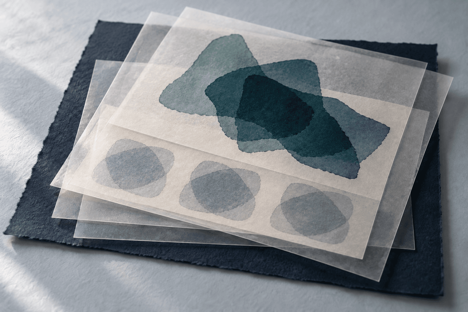 Repeated pale shapes contrasted with a new form assembled from layered paper